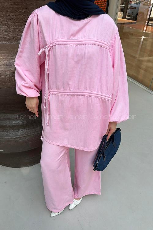 Pink Crew Neck Long Arm Cotton Regular Trousers Comfortable Suit