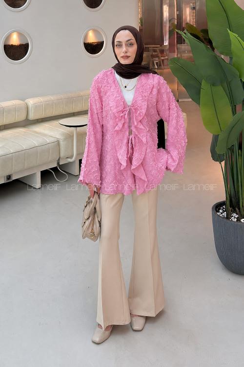 Candy Pink V Neck Cotton Unprinted Tunic