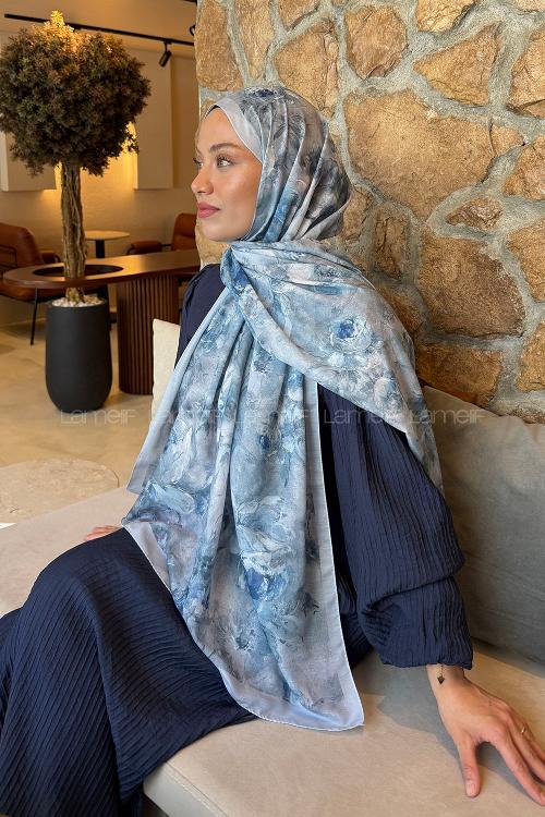 Lamelif Çiçek Desen Lara Soft Şal Bebe Mavisi
