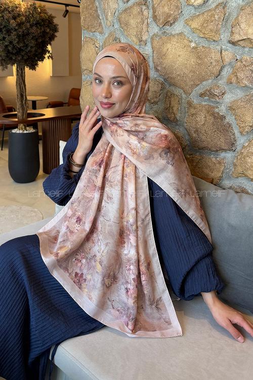 Lamelif Çiçek Desen Lara Soft Şal Camel