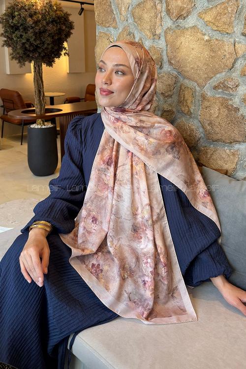 Lamelif Çiçek Desen Lara Soft Şal Camel