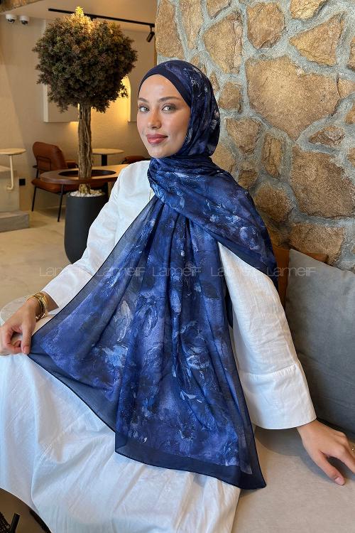 Lamelif Çiçek Desen Lara Soft Şal Lacivert