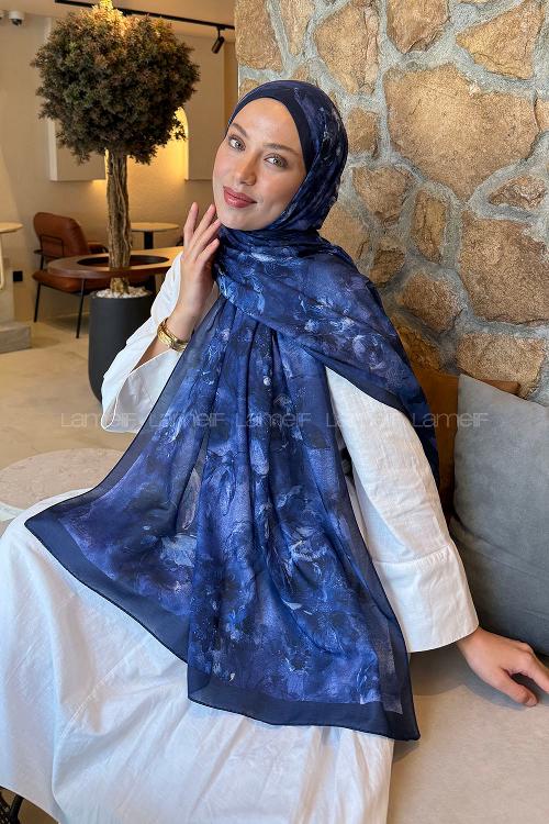 Lamelif Çiçek Desen Lara Soft Şal Lacivert