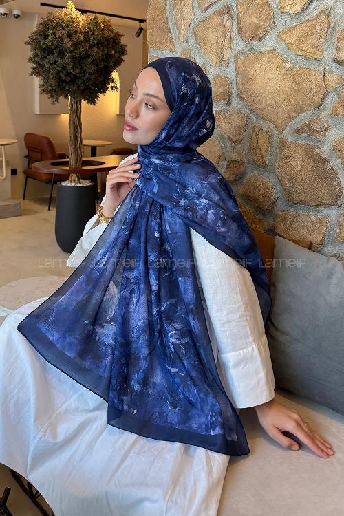 Lamelif Çiçek Desen Lara Soft Şal Lacivert