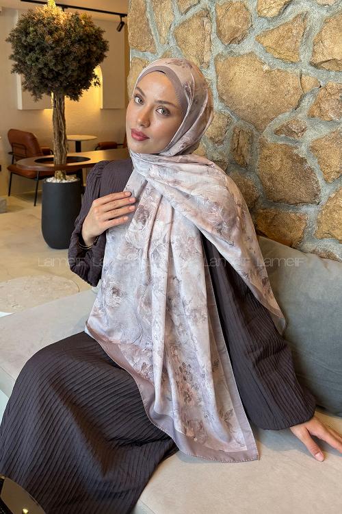 Lamelif Çiçek Desen Lara Soft Şal Toprak