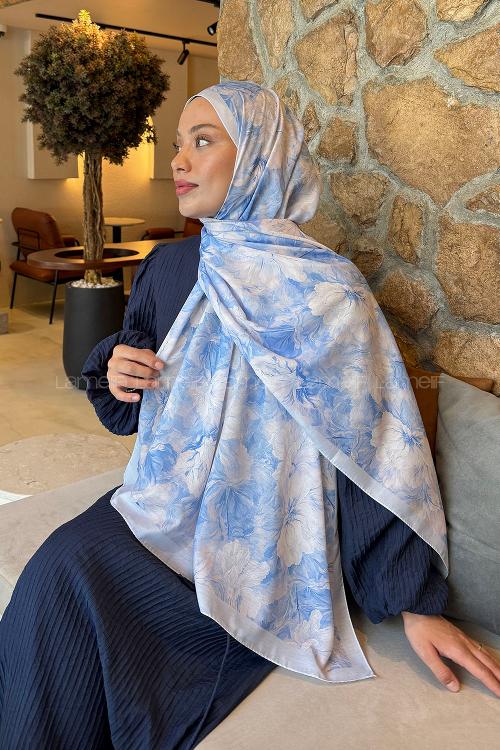 Lamelif Floral Desen Lara Soft Şal Bebe Mavisi