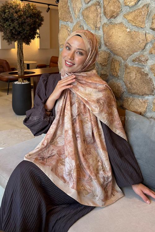 Lamelif Floral Desen Lara Soft Şal Camel