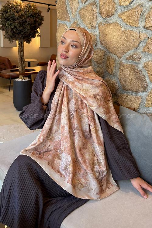 Lamelif Floral Desen Lara Soft Şal Camel