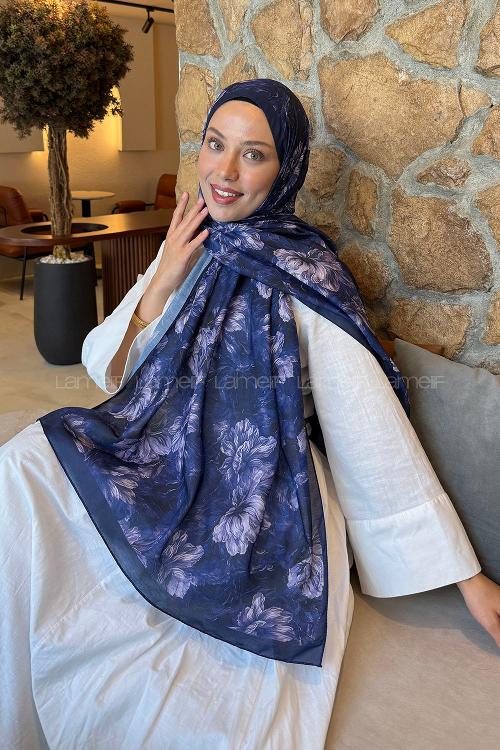 Lamelif Floral Desen Lara Soft Şal Lacivert