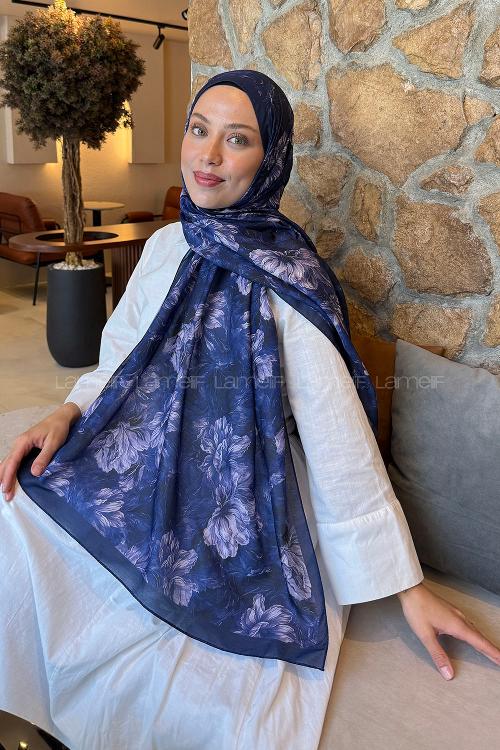 Lamelif Floral Desen Lara Soft Şal Lacivert