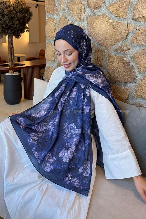 Lamelif Floral Desen Lara Soft Şal Lacivert