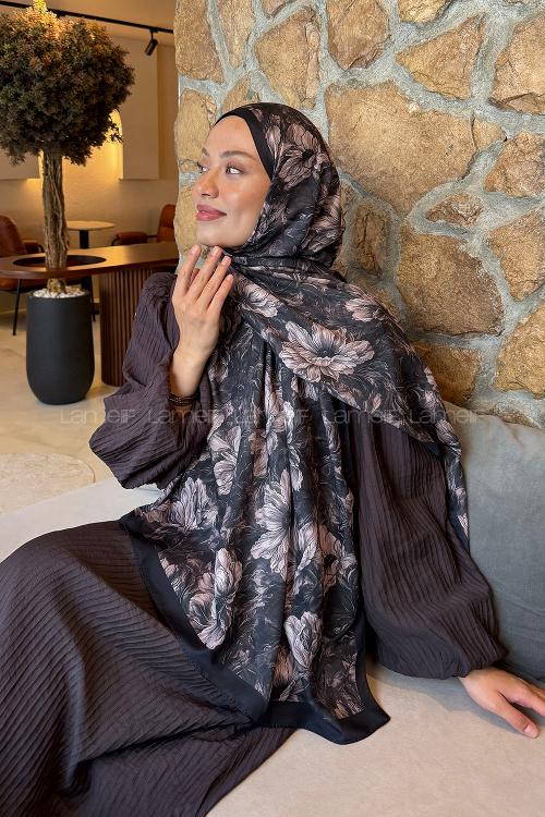 Lamelif Floral Desen Lara Soft Şal Siyah