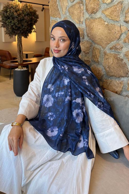 Lamelif Flower Desen Lara Soft Şal Lacivert
