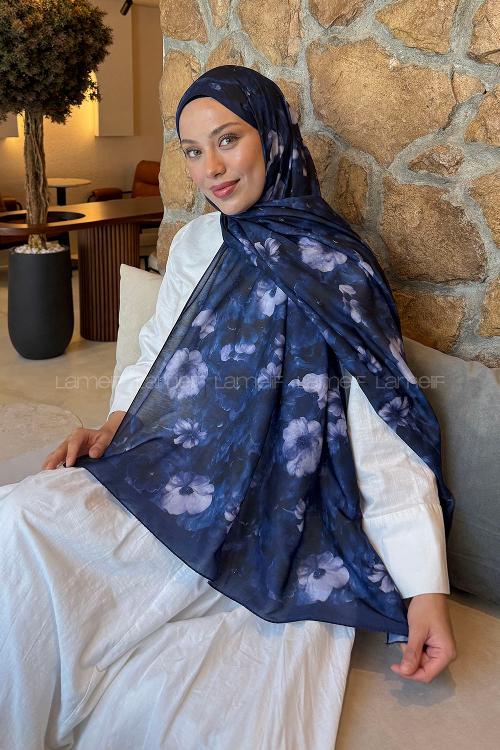 Lamelif Flower Desen Lara Soft Şal Lacivert
