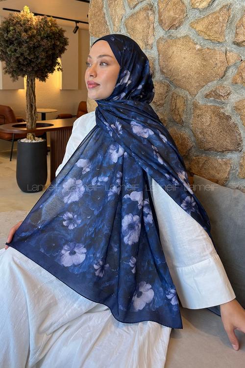 Lamelif Flower Desen Lara Soft Şal Lacivert