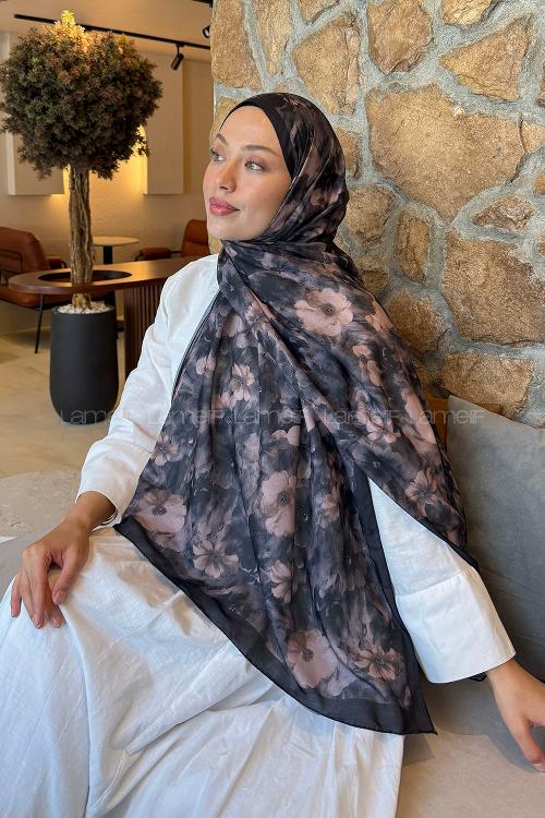Lamelif Flower Desen Lara Soft Şal Siyah