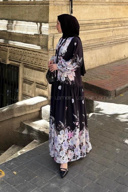 Lamelif Çiçek Detaylı Elbise Siyah