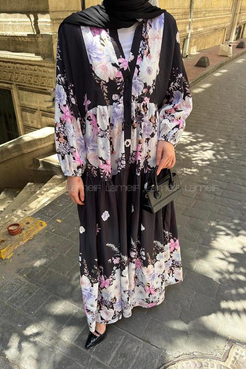 Lamelif Çiçek Detaylı Elbise Siyah