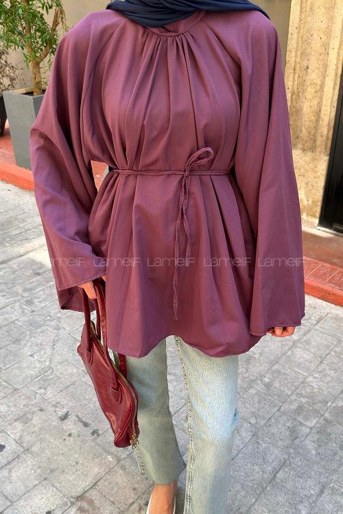 Lamelif Geniş Kol Dik Yaka Oversize Tunik Mürdüm