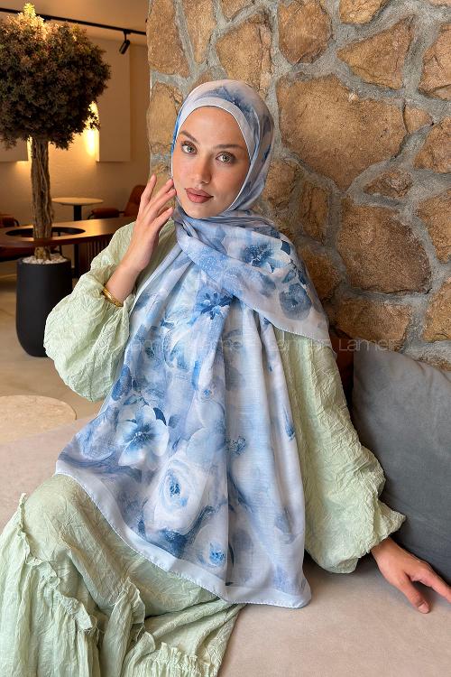 Lamelif Zambak Desen Lara Soft Şal Bebe Mavisi