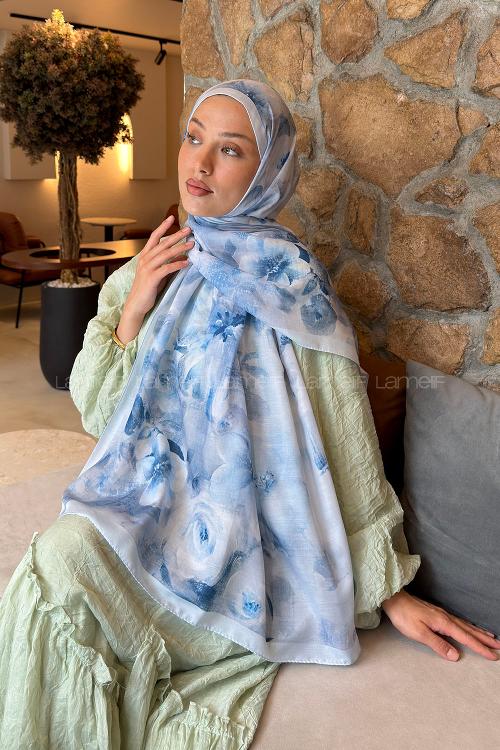 Lamelif Zambak Desen Lara Soft Şal Bebe Mavisi