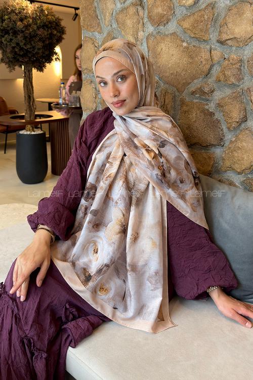 Lamelif Zambak Desen Lara Soft Şal Camel