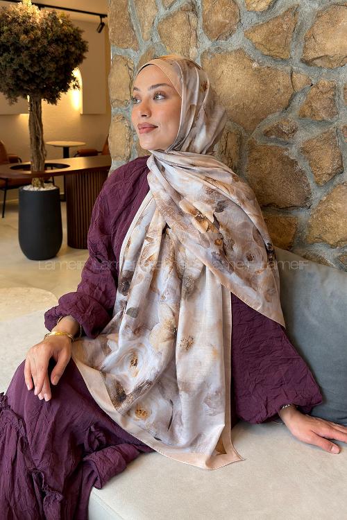 Lamelif Zambak Desen Lara Soft Şal Camel