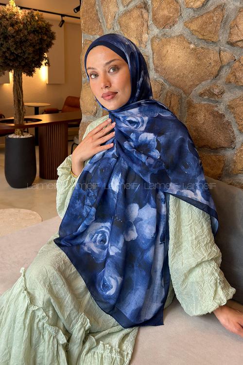 Lamelif Zambak Desen Lara Soft Şal Lacivert