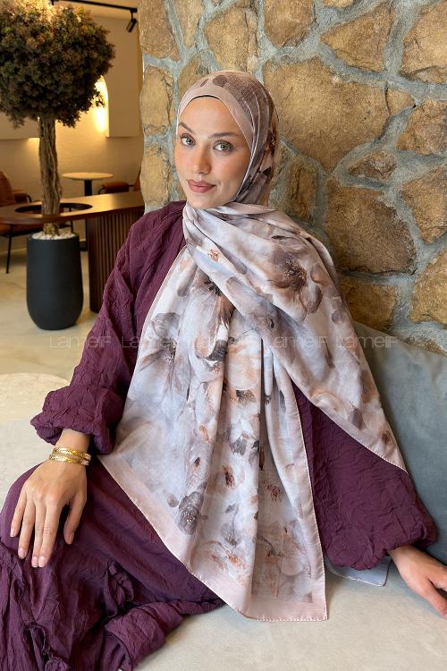 Lamelif Zambak Desen Lara Soft Şal Vizon