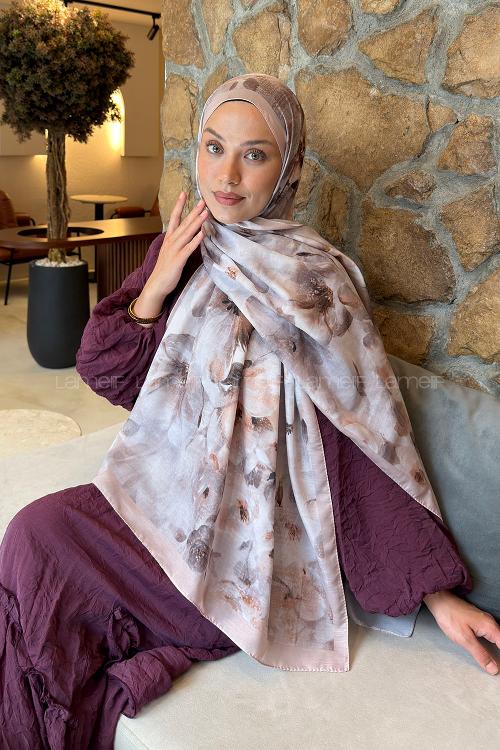 Lamelif Zambak Desen Lara Soft Şal Vizon