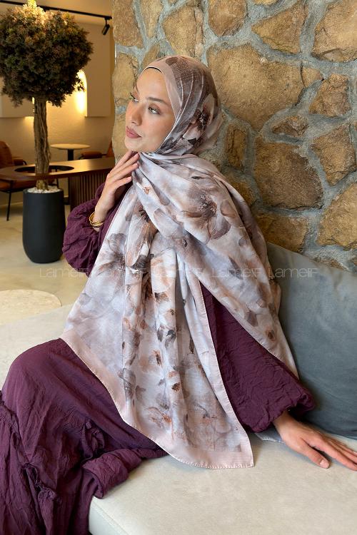 Lamelif Zambak Desen Lara Soft Şal Vizon