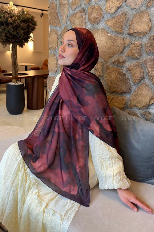 Lamelif Çiçek Desen Lara Soft Şal Bordo
