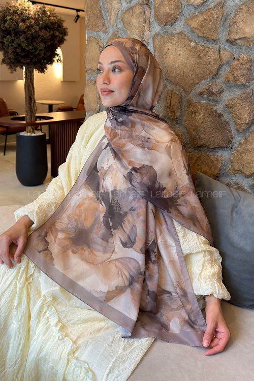Lamelif Çiçek Desen Lara Soft Şal Toprak