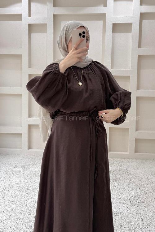Lamelif Dökümlü Eteği Bağlamalı Takım Acı Kahve