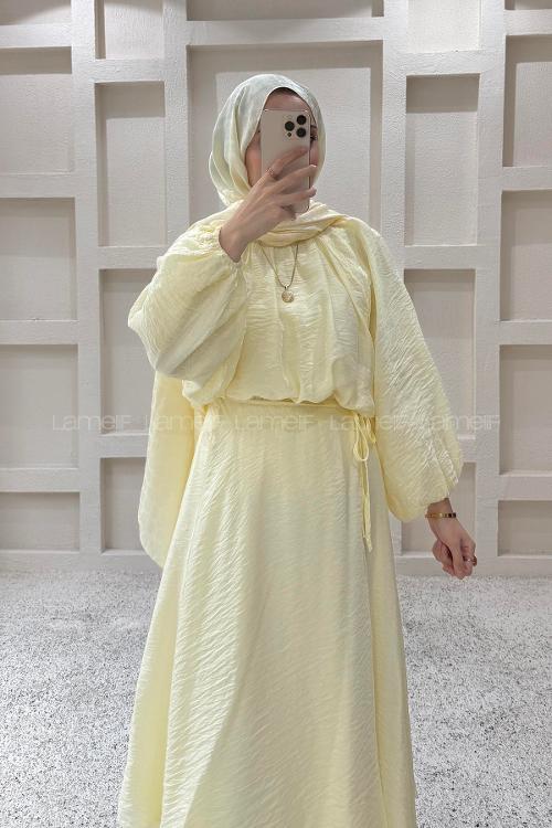 Lamelif Dökümlü Eteği Bağlamalı Takım Sarı