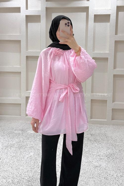 Lamelif Gül Broşlu Balon Kol Tunik Pembe