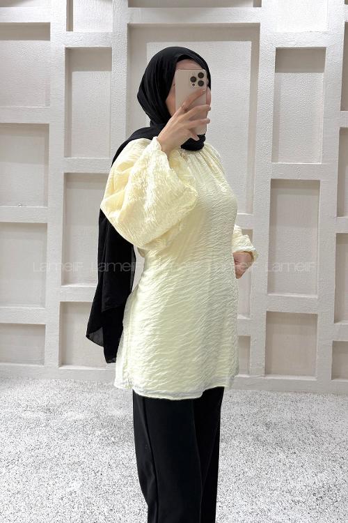 Lamelif Gül Broşlu Balon Kol Tunik Sarı