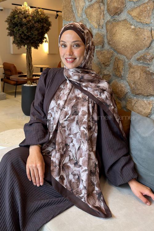 Lamelif Lale Desen Lara Soft Şal Acı Kahve