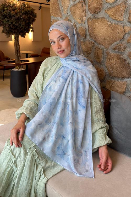Lamelif Lale Desen Lara Soft Şal Bebe Mavisi