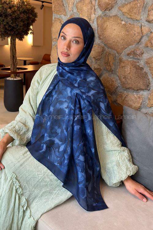 Lamelif Lale Desen Lara Soft Şal Lacivert