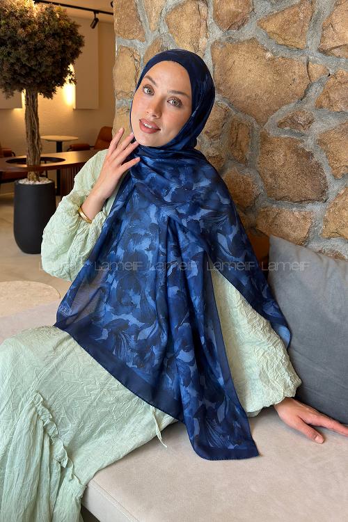 Lamelif Lale Desen Lara Soft Şal Lacivert