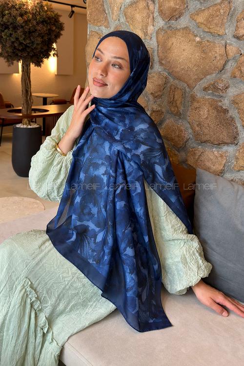 Lamelif Lale Desen Lara Soft Şal Lacivert
