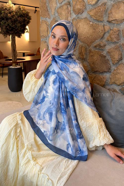 Lamelif Poeny Desen Lara Soft Şal Gece Mavisi