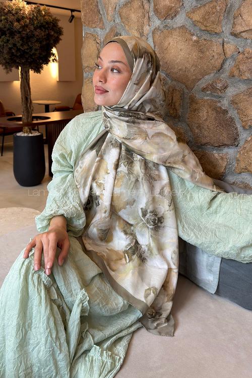 Lamelif Poeny Desen Lara Soft Şal Mint Yeşili