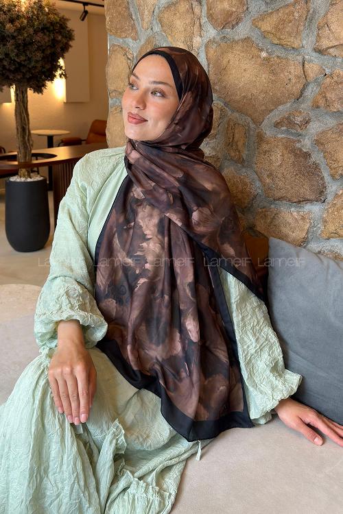 Lamelif Poeny Desen Lara Soft Şal Siyah Kahverengi