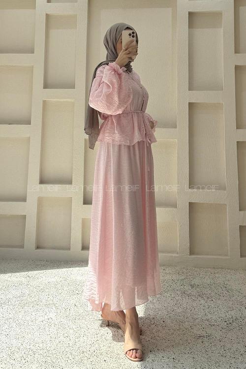 Lamelif Büzgülü Düğme Detaylı Takım Pembe