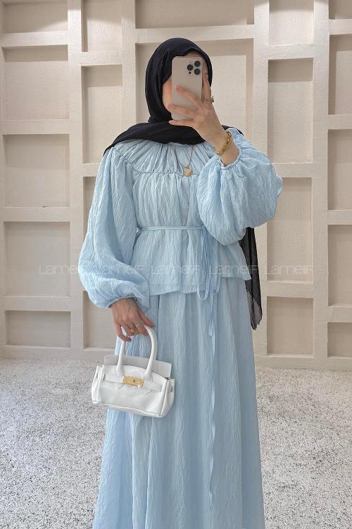 Lamelif Büzgülü Kraşlı Etekli Takım Bebe Mavisi