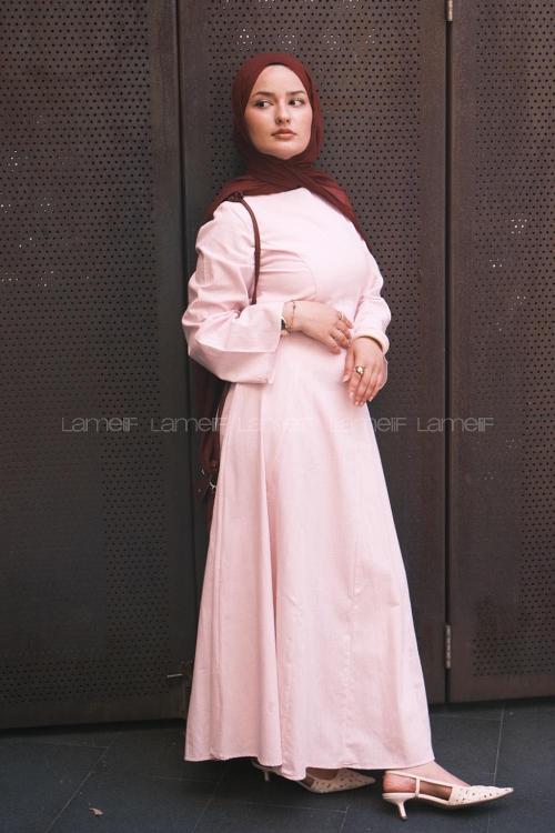 Lamelif Keten Elbise Pembe