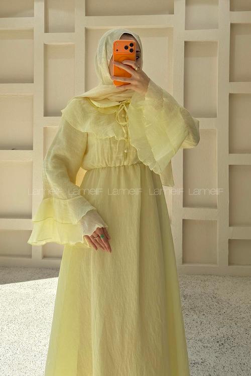 Yellow Peter Pan Collar Viscose Unprinted Dresess