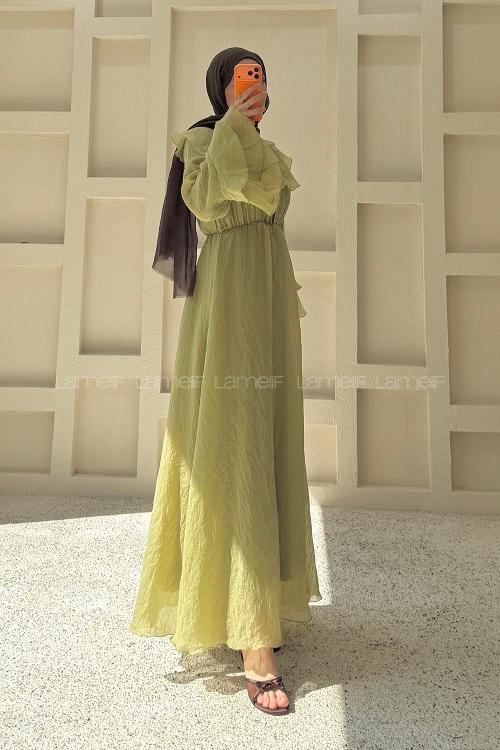 Oil Green Peter Pan Collar Viscose Unprinted Dresess